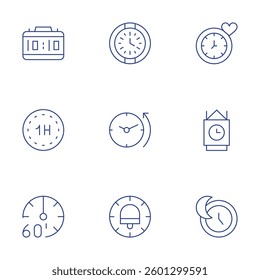 Clock icons set. Thin Line style, editable stroke. time, digital clock, sleeping, minutes, alarm, return to the past.