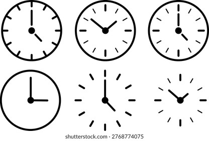 Clock Icons Set Vector Black Line Different Time Faces Wall Clock