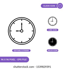 Clock icons set vector illustration with solid icon line style. Classic wall clock concept. Editable stroke icon on isolated background for web design, infographic and UI mobile app.