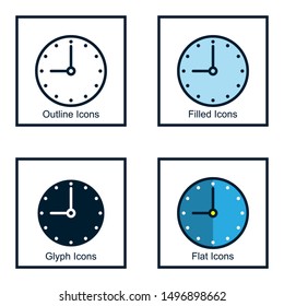 CLOCK ICONS WITH SOME KINDS OF STYLES, LINE ICONS, FILLED ICON, GLYPH ICON, AND FLAT ICON