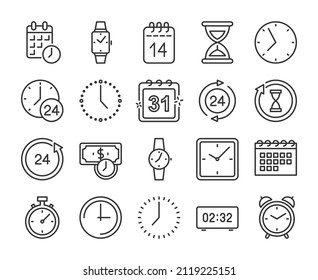 Clock icons. Time and Date line icon set. Editable Stroke.