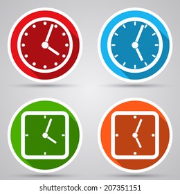 Clock icons vector set. White flat miniatures with long shadows.