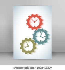 The clock idea poster or modern magazine cover. Unusual clock face (dial) gears. Icons isolated on white background. Clock Logo. Vector Illustration EPS 10, Graphic Design