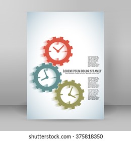 The clock idea poster or modern magazine cover. Unusual clock face (dial) gears. Icons isolated on white background. Clock Logo. Vector Illustration EPS 10, Graphic Design