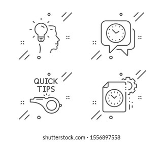 Clock, Idea and Tutorials line icons set. Project deadline sign. Time, Professional job, Quick tips. Time management. Education set. Line clock outline icon. Vector