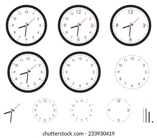 Clock images, set isolated on white background, vector illustration.