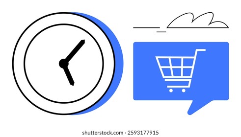 Clock indicates time management. Shopping cart inside speech bubble symbolizes e-commerce. Ideal for digital marketing, online shopping, e-commerce apps, time management, business efficiency