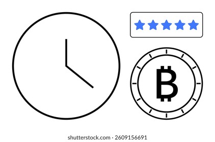 Clock indicating time, Bitcoin symbol inside a coin, and five-star rating. Ideal for financial planning, cryptocurrency evaluation, time management, customer satisfaction, investment strategy