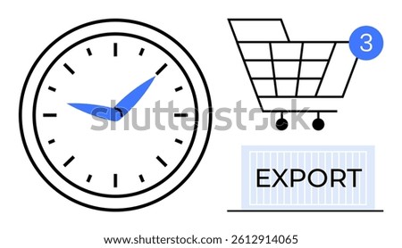 Clock indicating time management, shopping cart with notification representing online shopping, and export crate symbolizing logistics. Ideal for efficiency, e-commerce, logistics, productivity