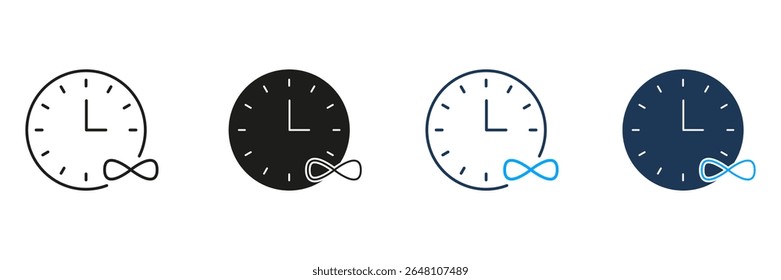 Relógio Com Linha De Símbolo Infinito E Conjunto De Ícones Sólidos. Coleção De Símbolos De Conceito De Tempo Infinito, Eternidade E Timelessness. Representação Perpétua do Tempo. Ilustração de vetor isolada.