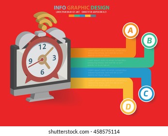 Clock info graphic on red background,vector