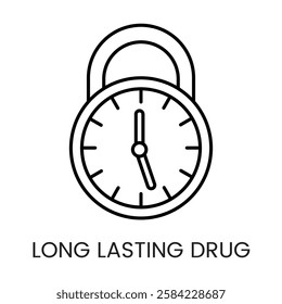 A clock integrated into a padlock, symbolizing secure and prolonged drug effect, in vector style, with an editable stroke.