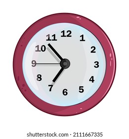 Clock isolated on white background. Red wall office clock. Round watch with time arrows and clock face.Business analog timer dial. Symbol of time management.Timepiece with circular time counter.Vector