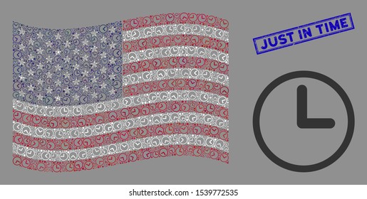 Clock items are arranged into American flag stylization with blue rectangle grunge stamp watermark of Just in Time text. Vector concept of American waving official flag is designed of clock elements.