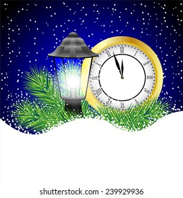 clock and lantern with the branches of fir-tree on to snow,  vector  illustration