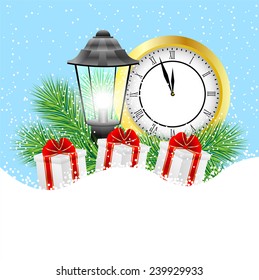 clock, lantern and gifts with the branches of fir-tree on to snow,  vector  illustration
