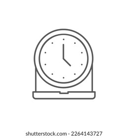 Clock with laptop, remote job, home office, work from home lineal icon. Time management symbol design.