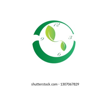 Clock with leaves as clockwise symbol to save nature for logo design illustration on white background