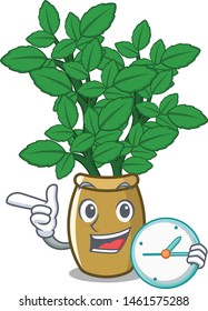 With clock lemon balm in a mascot pot