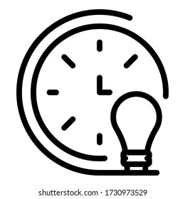 Clock and light bulb icon. Outline clock and light bulb vector icon for web design isolated on white background