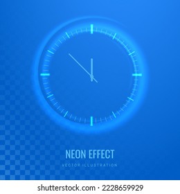 Clock light effect in digital futuristic style. Glowing clock silhouette as a symbol of time. Vector illustration of laser blue neon clock for background