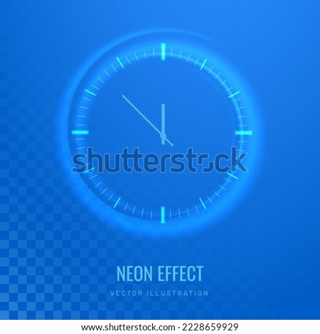 Clock light effect in digital futuristic style. Glowing clock silhouette as a symbol of time. Vector illustration of laser blue neon clock for background