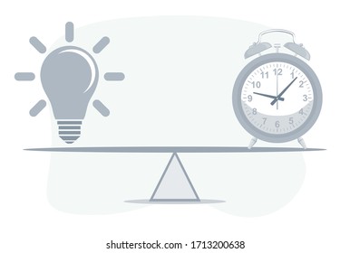 Reloj y bombilla sobre el techo. Ilustración de diseño plano vectorial.