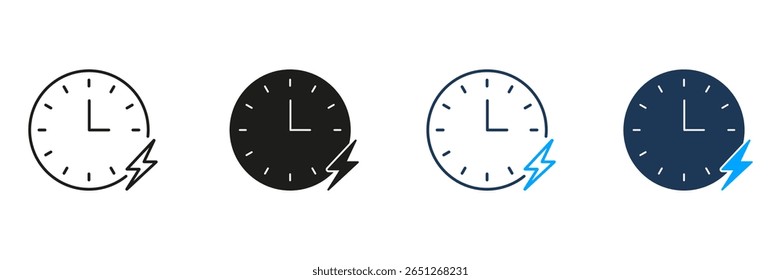 Clock With Lightning Bolt Line And Solid Icon Set. Time Management, Speed, And Efficiency Symbol Collection. Fast Decision-Making And Quick Response Representation. Isolated Vector Illustration.