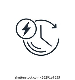 Clock with lightning, energy. Time to act. Vector linear icon illustration isolated on white background.