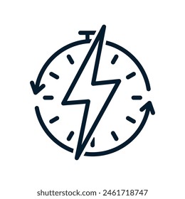 Clock, lightning. Fast charging concept. Vector linear icon isolated on white background.