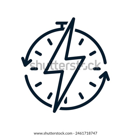 Clock, lightning. Fast charging concept. Vector linear icon isolated on white background.