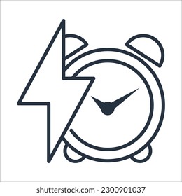 El reloj y el icono del rayo es un concepto para reducir el tiempo de consumo de energía. Conservación de la energía, eficiencia energética. Ilustración vectorial aislada en fondo blanco.