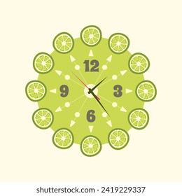 Clock with lime slices on a light background. Vector illustration in flat style