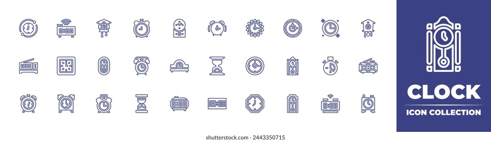 Clock line icon collection. Editable stroke. Vector illustration. Containing alarm, digital, time, hourglass, clock, alarm, sand timer, smart, wall, desk, cuckoo.
