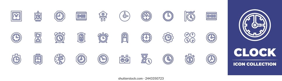 Clock line icon collection. Editable stroke. Vector illustration. Containing clock, time management, stop watch, sand clock, alarm, wall, big ben, time is money, alarm, time, digital.