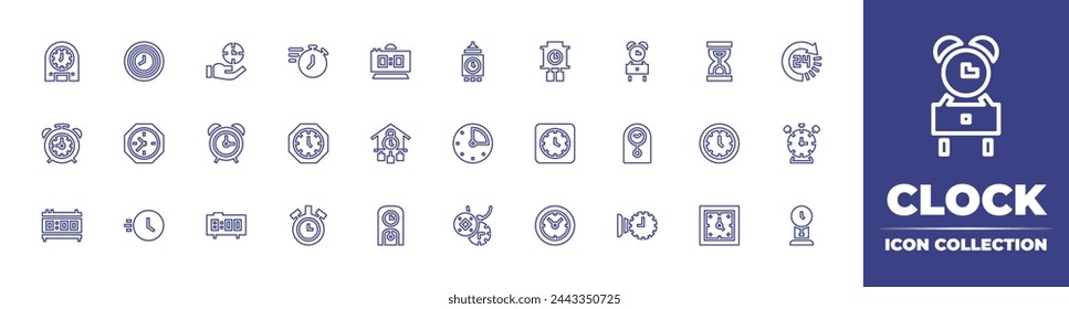Clock line icon collection. Editable stroke. Vector illustration. Containing stopwatch, clock, hours support, wall clock, fast, clocks, minutes, alarm, digital, tower, sand.