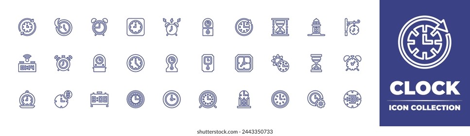 Clock Line-Symbolsammlung. Bearbeitbarer Strich. Vektorgrafik. Enthalten Spargeld, Wecker, Wand, Uhr, Tageszeit, Sand, Schlafen, Uhren, Digitaluhr, Kuckucksuhr.