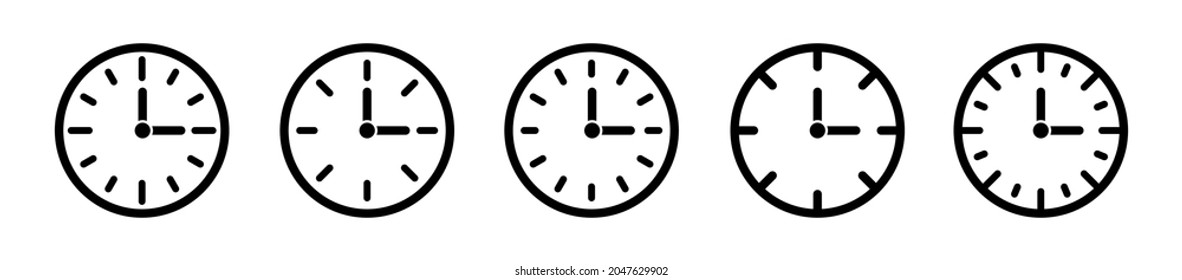 Symbolsammlung der Uhrzeigerlinie Runde, um die Symbole anzuzeigen. Zeitsymbol einzeln auf weißem Hintergrund. Stock-Vektorelemente. 