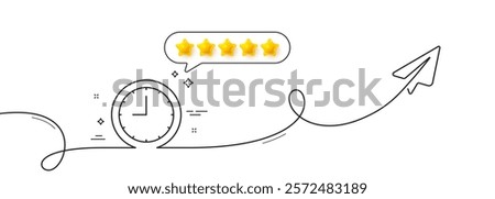 Clock line icon. Continuous line with share plane. Time sign. Office Watch or Timer symbol. Five star rate review in speech bubble. Time single line ribbon. Loop curve pattern. Vector