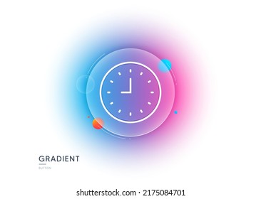 Clock line icon. Gradient blur button with glassmorphism. Time sign. Office Watch or Timer symbol. Transparent glass design. Clock line icon. Vector