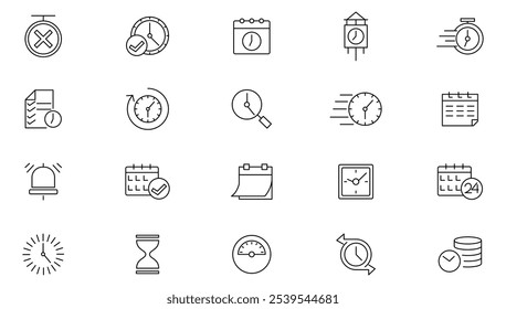 Clock line icon set. Calendar, timer, time, stopwatch, countdown, schedule, hourglass, hours,  arrow, date, event, month, day, agenda, clock line icon set. UI thin line icon pack.
