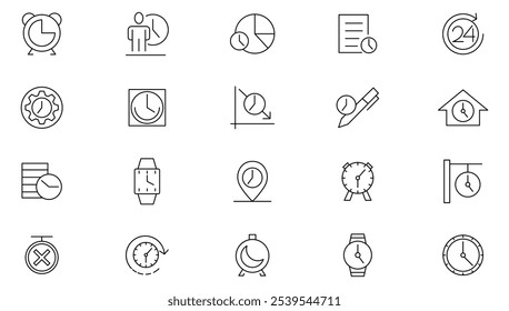 Clock line icon set. Calendar, timer, time, stopwatch, countdown, schedule, hourglass, hours,  arrow, date, event, month, day, agenda, clock line icon set. UI thin line icon pack.