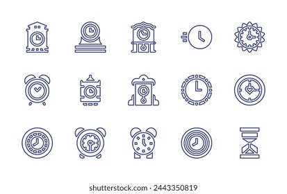 Clock line icon set. Editable stroke. Vector illustration. Containing fast, alarm, big ben, clock, sand, desk clock, wall, cuckoo clock.