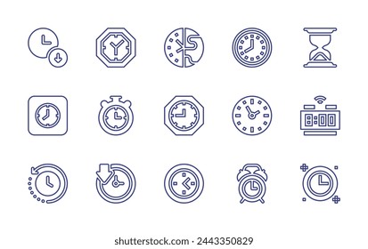 Clock line icon set. Editable stroke. Vector illustration. Containing clock, stop watch, down time, hourglass, smart clock, alarm clock.