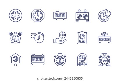 Clock line icon set. Editable stroke. Vector illustration. Containing stopwatch, alarm, time is money, clock, digital, wall, clocks, chess.