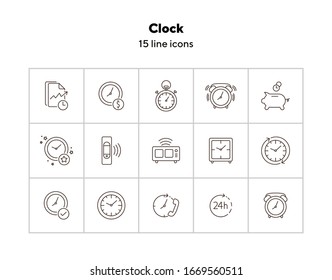 Clock line icon set. Stopwatch, watch, smart band, alarm. Time concept. Can be used for topics like time management, morning, limit
