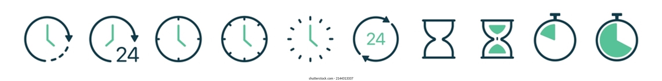 Juego de iconos de la línea de bloqueo. Colección de iconos de línea de tiempo. iconos de 24 horas. Símbolo de los relojes de línea aislado en el fondo blanco. Vector de material. Colección de iconos vectoriales de estilo negro de alta calidad