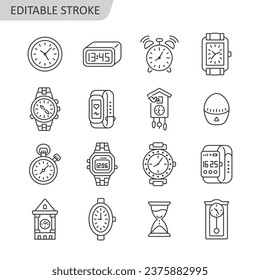 Clock line icon set. Time measuring symbol vector collection with clock, wrist watch, hourglass, Cuckoo-clock, smart watch, stopwatch, kitchen timer. Editable stroke.
