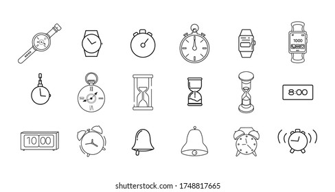 icono de línea de reloj con reloj, reloj inteligente, sandglass, hora electrónica, reloj despertador