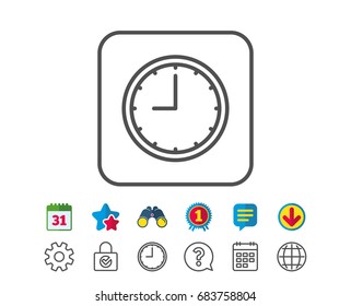 Clock line icon. Time sign. Office Watch or Timer symbol. Calendar, Globe and Chat line signs. Binoculars, Award and Download icons. Editable stroke. Vector